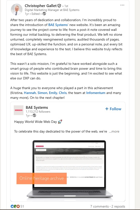 Client LinkedIn post about the baesystems.com launch