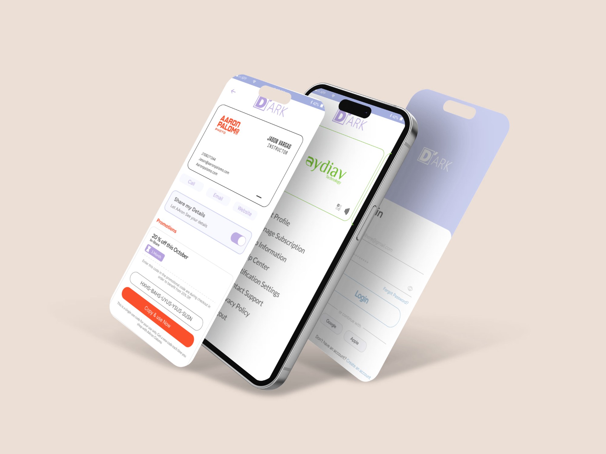 D'ARK mobile app screens