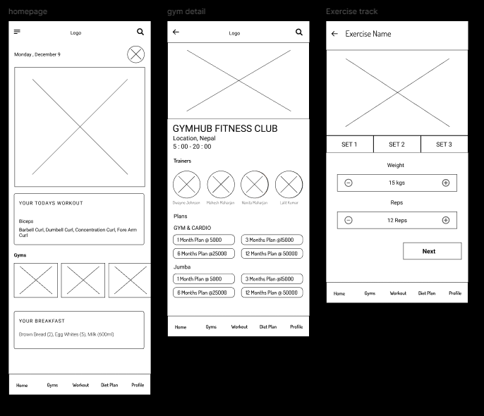 EARLY WIREFRAMES — HOMEPAGE, GYM DETAIL, EXERCISE TRACKING